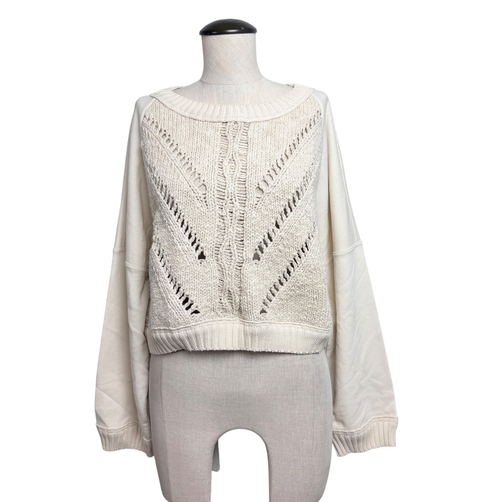 NEW Free People Mixed Media Knit Sweatshirt Cream Cropped Pullover Womens M